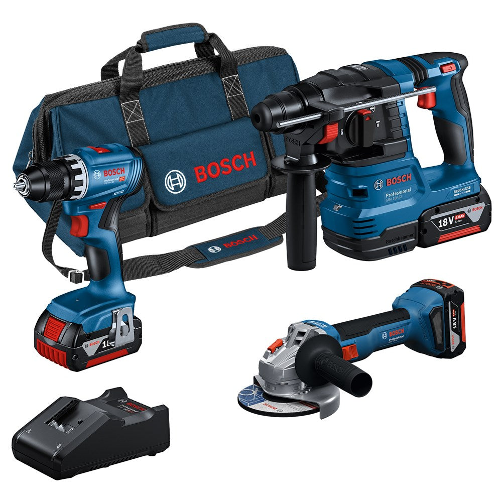 Bosch Combiset 18V-Set met 3 machines: GSR + GWS + GBH + 3x4,0Ah + GAL 18V-40