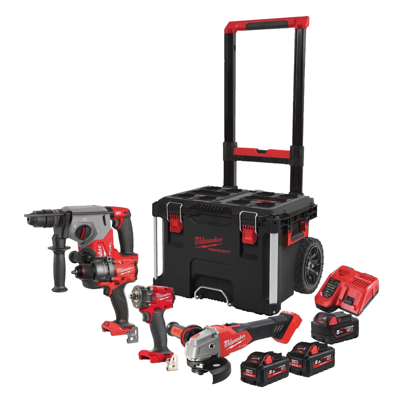 Milwaukee M18 FPP4C-555T Powerpack met 4 machines 18V - 1x5,0Ah/2x5,5Ah Li-Ion - in Packout Trolley