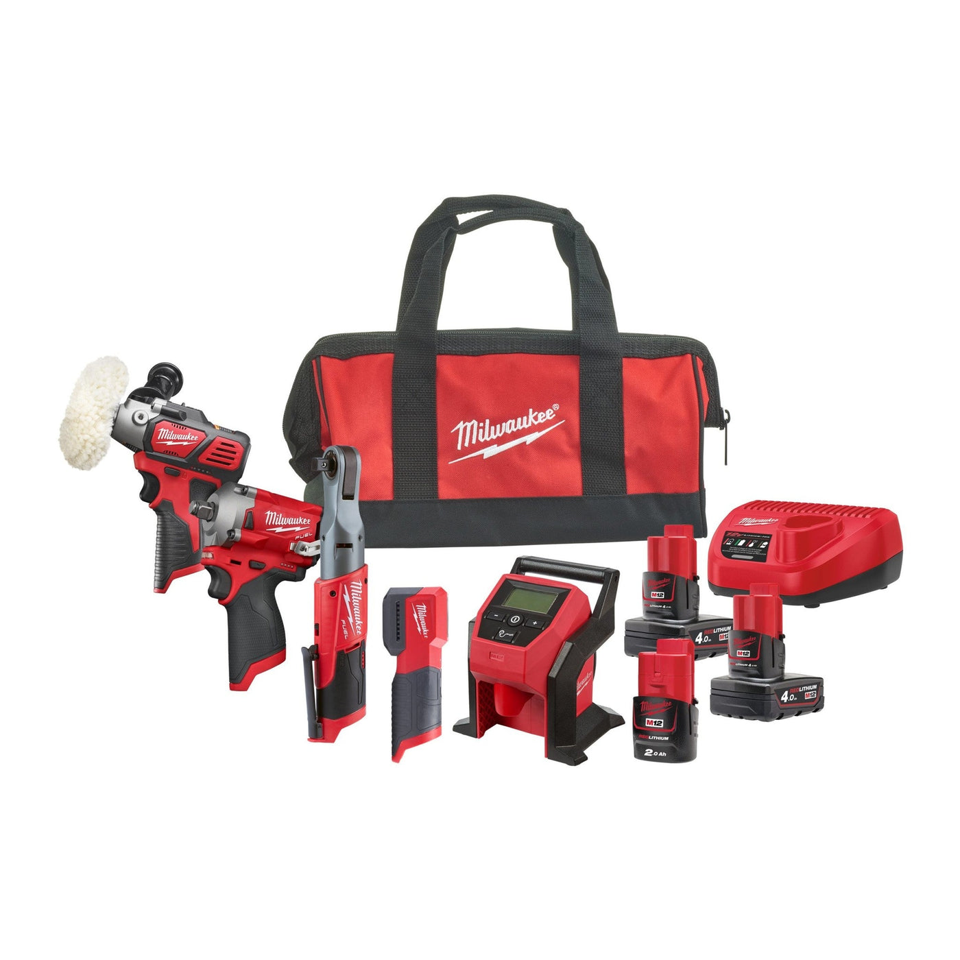 Milwaukee M12 FPP5A-423B Powerpack met 5 machines - 12V 2x4.0/1x2.0Ah