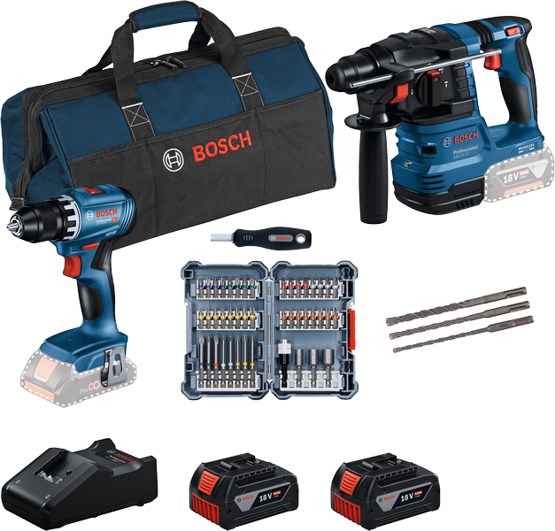 Bosch Combiset 18V GSR Boorhamer + GBH Schroevendraaier + GBA 2x4,0Ah + GAL Lader